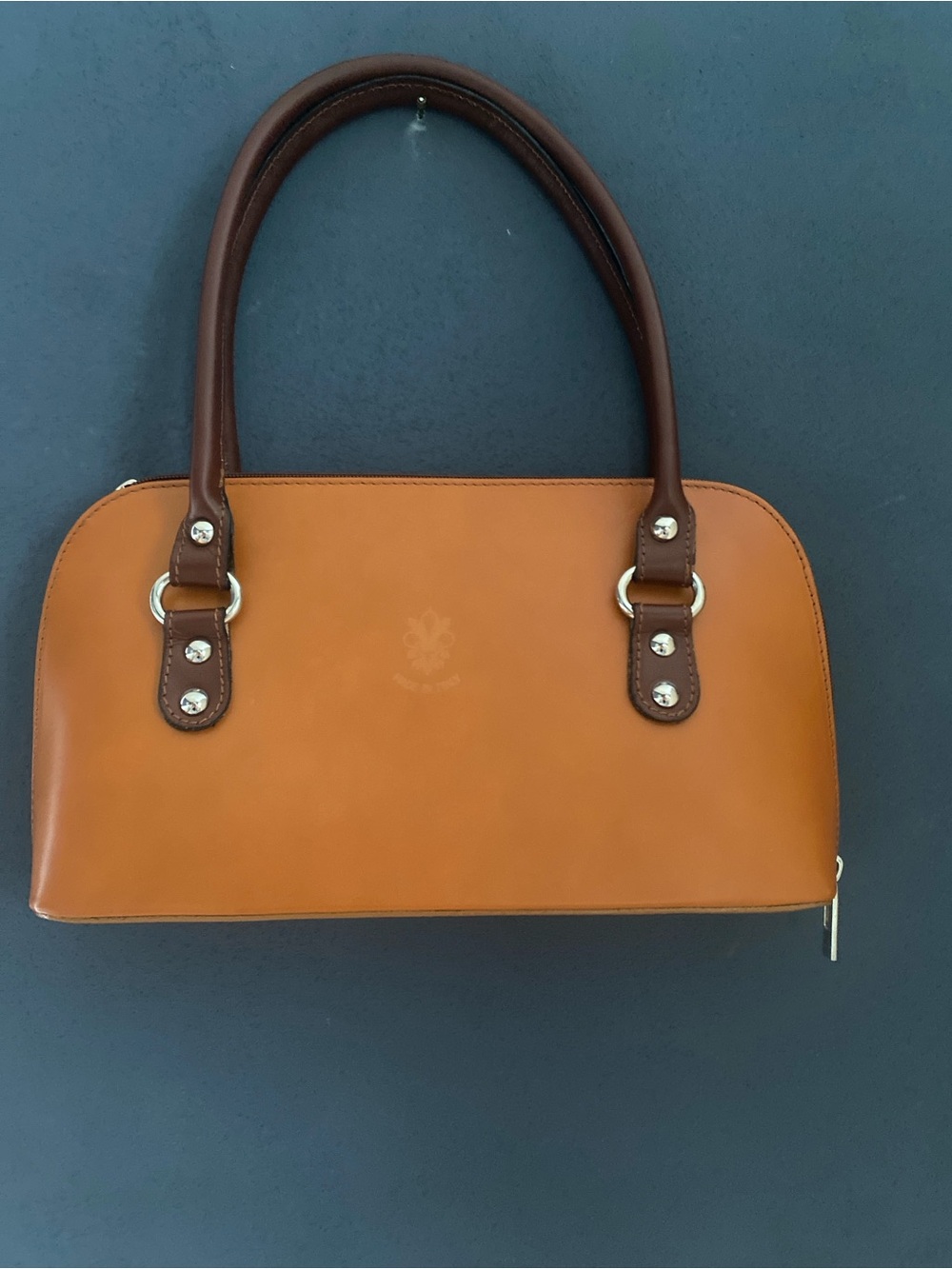 VTG Italian Cognac Leather Structured Satchel Handbag Fleur De Lis Made In Italy